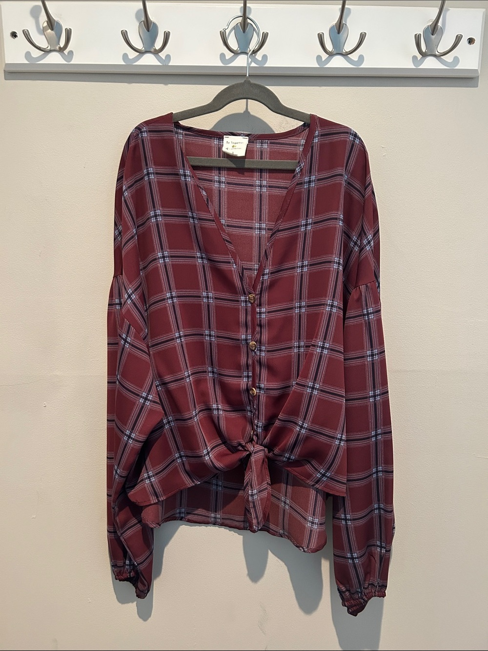 By Together Burgundy Plaid Button-Front Tie Hem Top